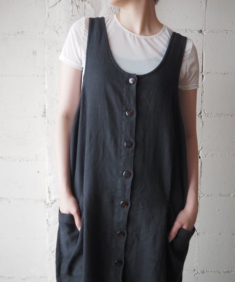 Front Button Linen Dress BK