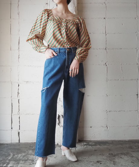 YVES SAINT LAURENT Square Neck Check Blouse OR