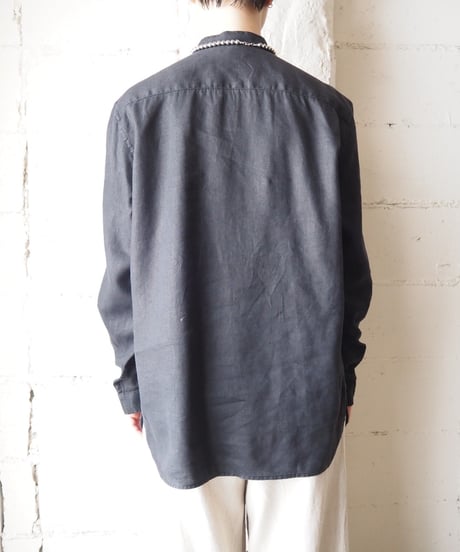 LAUREN Band Collar Linen Pullover Shirt BK