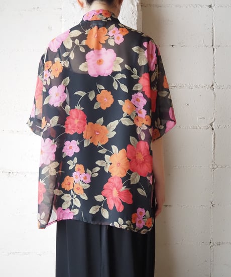 Flower Pattern Sheer Short Sleeve Shirt BK PI OR