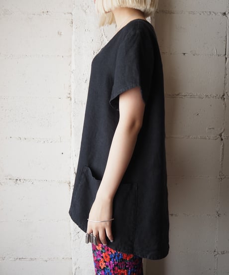 FLAX Pull Over Linen Short Sleeve Shirt BK