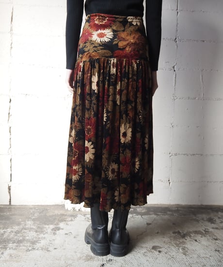 Flower Pattern Easy Flared Skirt BKRE
