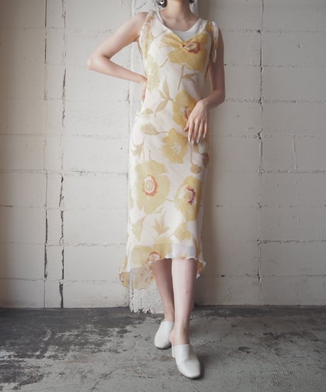 Shoulder Ribbon Floral Pattern N/S Dress YEWH