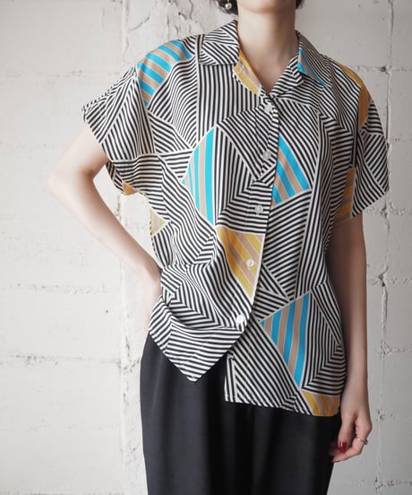 Stripe Pattern Open Collar Shirt WHBK
