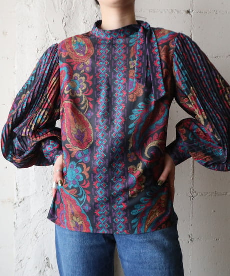 Pleated Sleeve Pattern Blouse BK RE