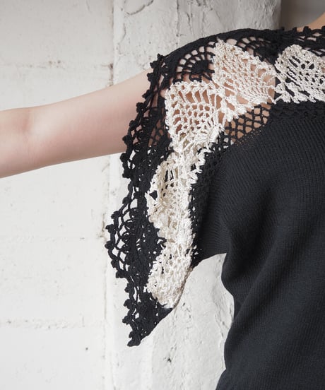 Crochet×Knit Half Sleeve Dress BK