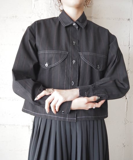 Remake White Stitch Stripe Short Shirt BK