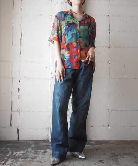 s/s Open Collar Paint Flower Pattern Sheer Shirt BK GN RE