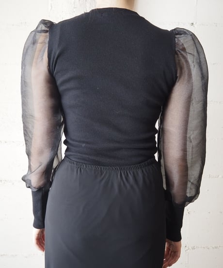 Puff Sleeve Sheer Rib Knit BK