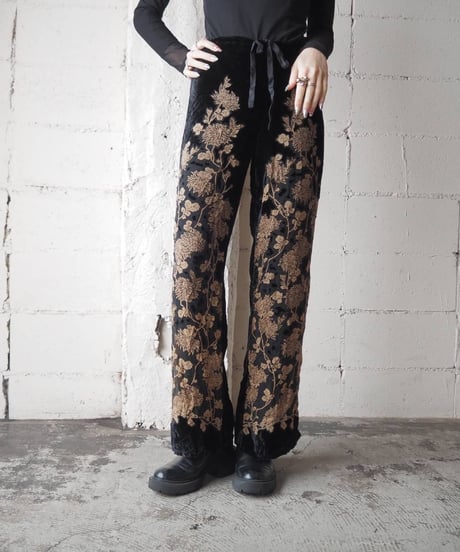 Flower Print Velour×Sheer Pants BKBE