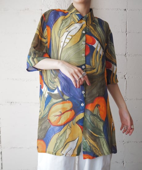 S/S Drawing Pattern Sheer Shirt GN NV OR