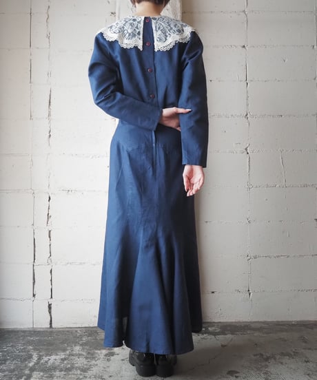〜1980's Lace Collar Linen Mix Long Dress NV IV