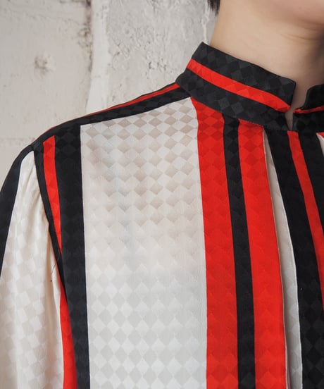 Tricolor Stripe Stand Collar Silk Blouse WHBKRE
