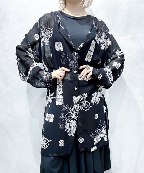Baroque Motif Collarless Sheer Shirt Dress BK