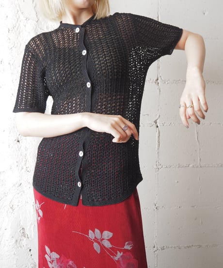 1990's Crochet Crew Neck Short Sleeve Cardigan BK