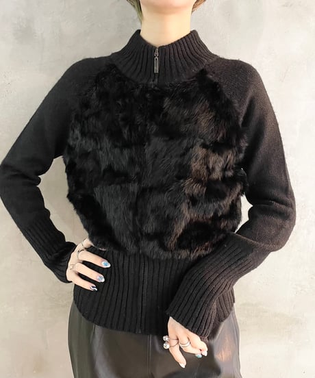 Fur × Rib Knit Zip Cardigan BK