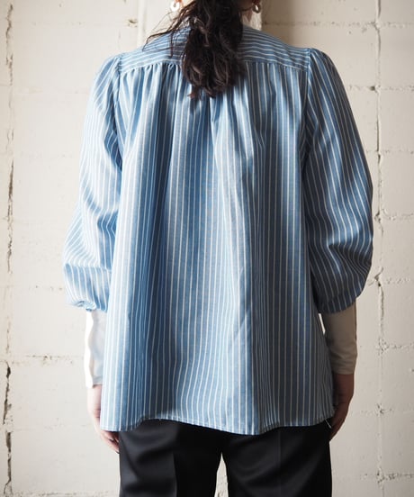 Stripe Long Cuff Stand Collar Blouse WHBL