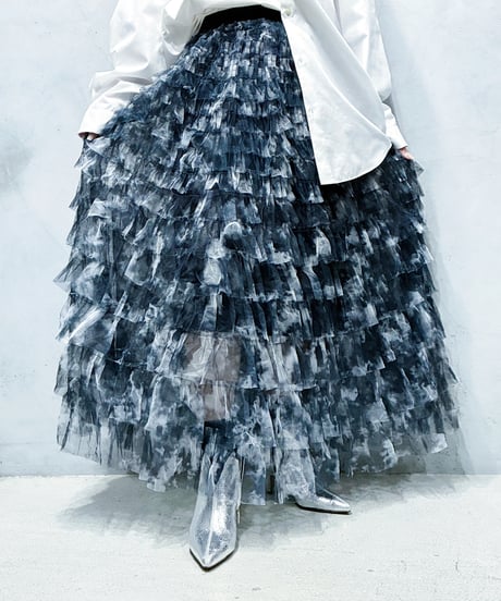 Tie-Die Tulle Tiered Skirt BK WH