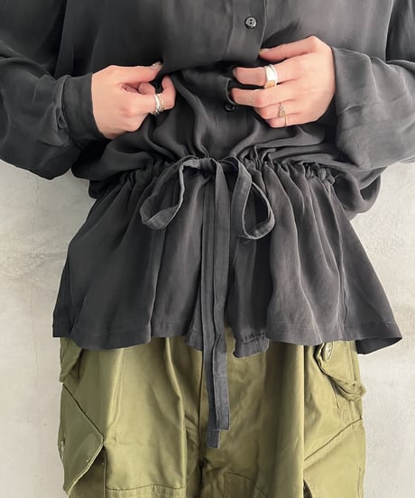 Back Pleated Waist Ribbon Band Collar Blouse BK