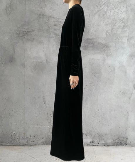 Crew Neck Waist Gather Velour Dress BK