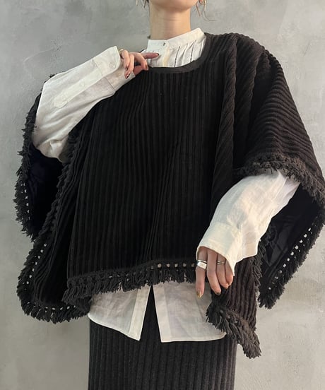 Hem Fringe Coduroy Poncho BK