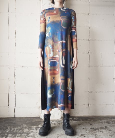 Cubism Pattern×Pleated Velour Dress BLBK