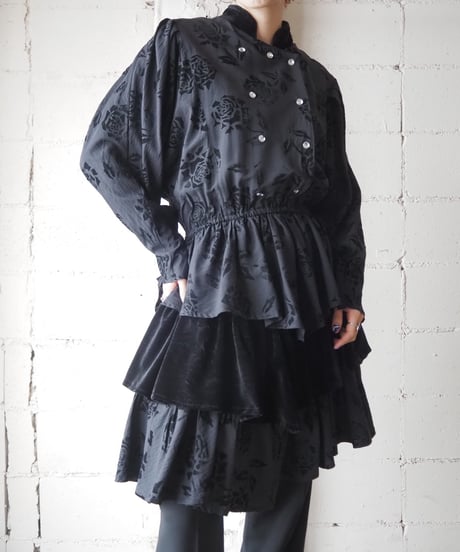 Rose Pattern Velour Tiered Dress BK