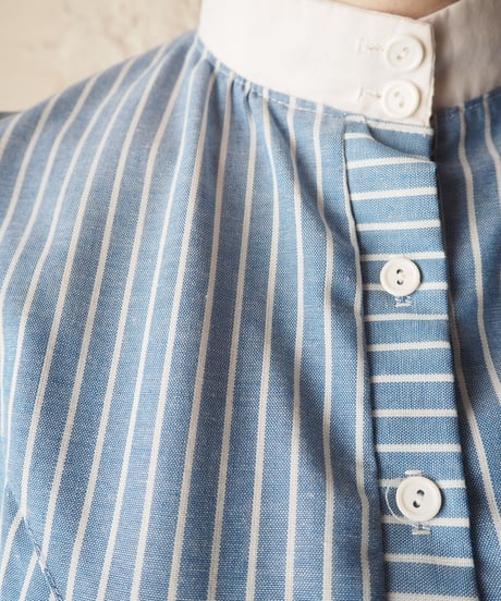 Stripe Long Cuff Stand Collar Blouse WHBL