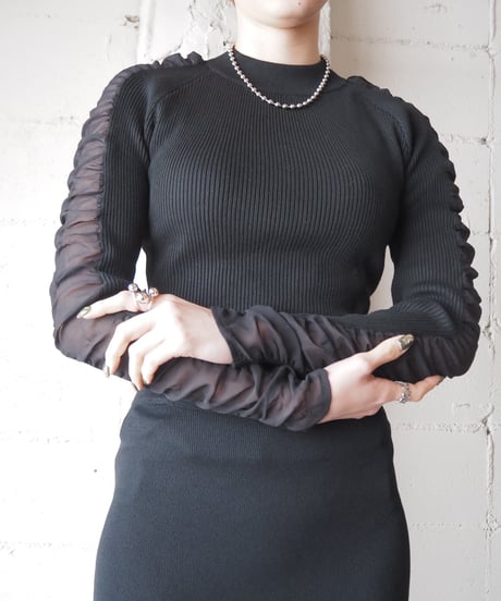 Sheer×Rib Mock Neck Knit BK