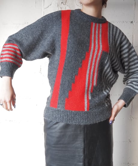 Dolman Sleeve Stripe Design Knit GRRE
