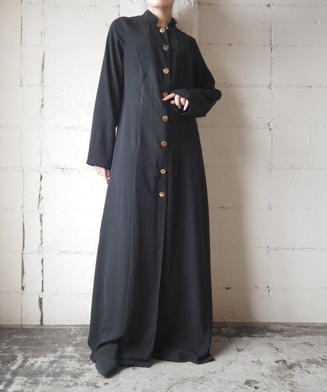 Gold Button Standcollar Long Dress BK