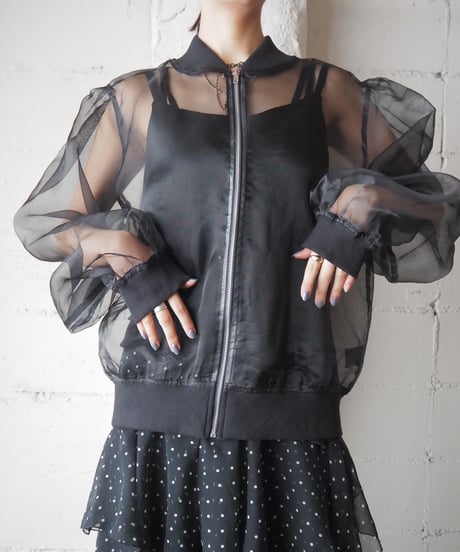Volume Sleeve Sheer Zipup Jacket BK
