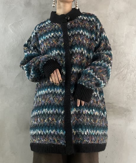 Mix Color Pattern Mohair Long Cardigan BLBK