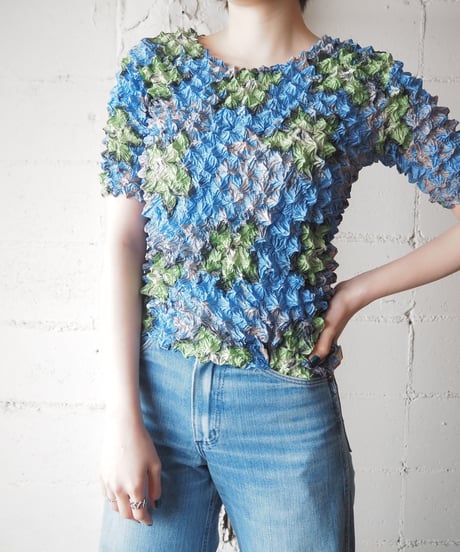 Flower Pattern Short Sleeve Popcorn Tops BLGN