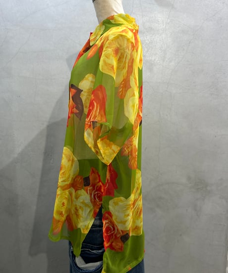 Short Sleeve Flower Pattern Sheer Shirt LGN