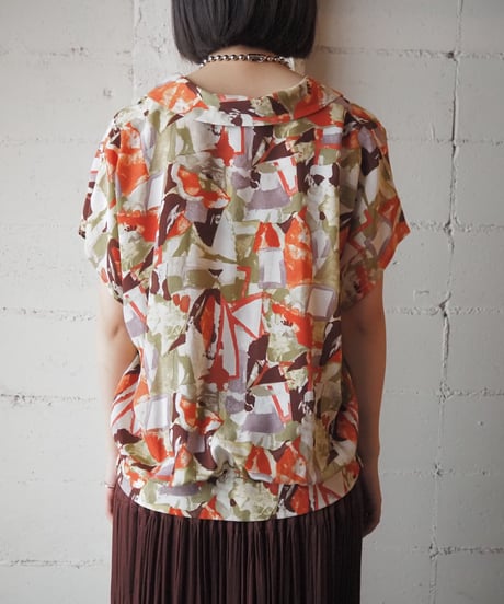 Art Pattern Open Collar Shirt WH OR GN