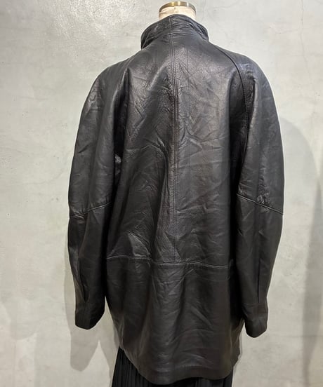 Stand Collar Dolman Sleeve Leather Coat BK