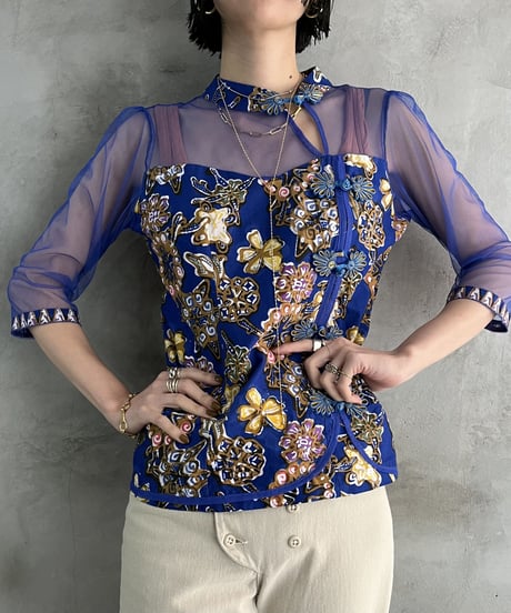 Sheer Flower Pattern China Blouse BKYE