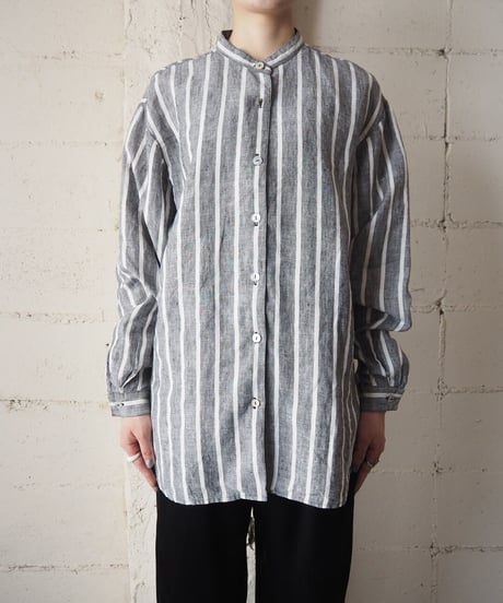 Band Collar Linen Stripe Shirt WHGR
