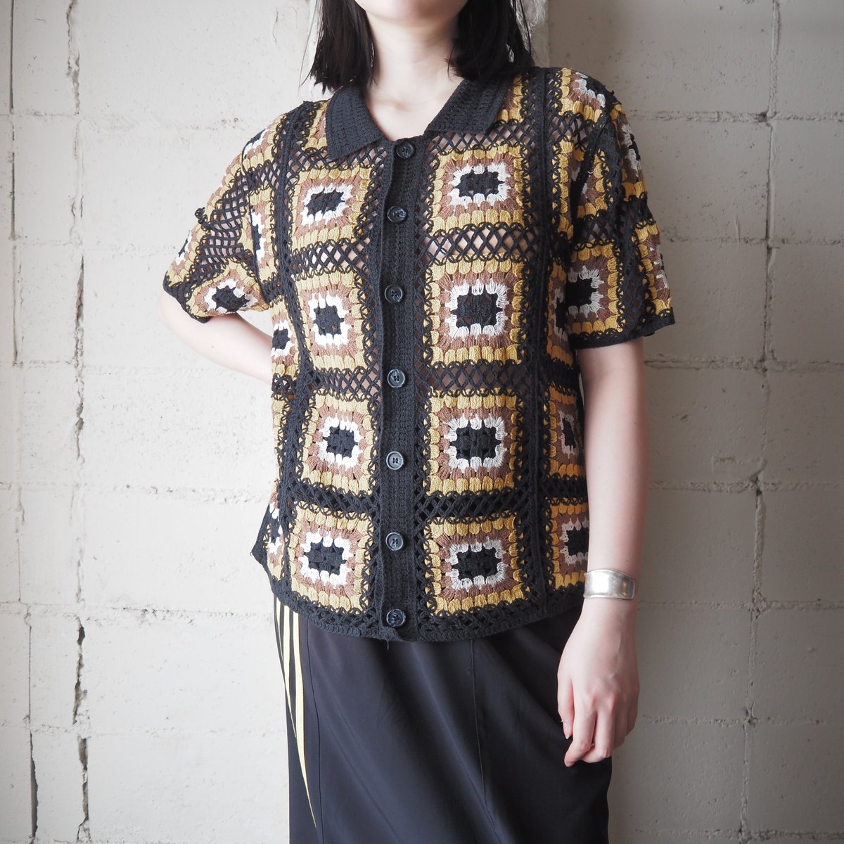 Granny Square Crochet Knit Shirt YE BK | Orfeo