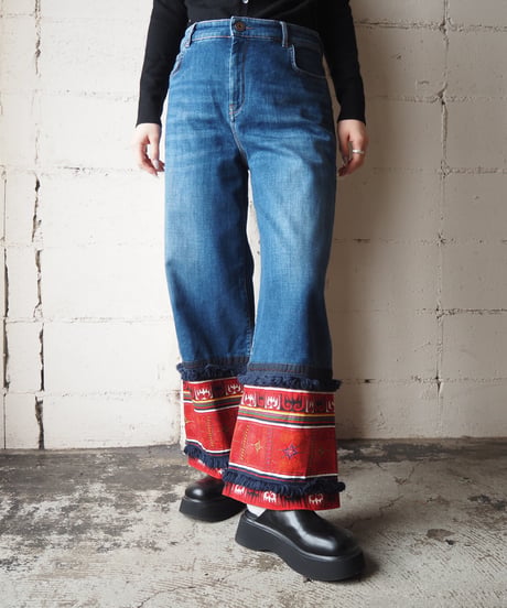 WEEKEND MaxMara Ethnic Fabric Fringe Hem Denim BL RE