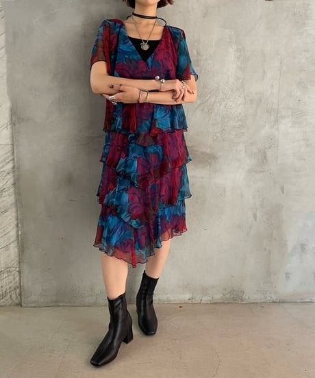Flower Pattern Tiered Dress BLRD