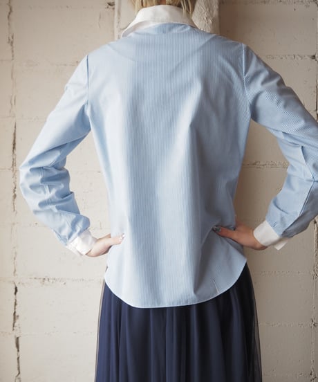 1970's Euro Round Collar Stripe Shirt BLWH