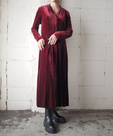 Shawl Collar Many Button Velour Dress BUR