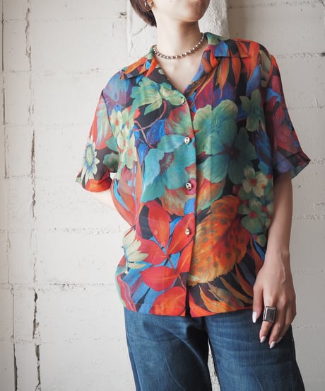 s/s Open Collar Paint Flower Pattern Sheer Shirt BK GN RE