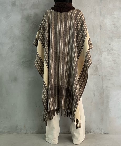 Hem Fringe Stripe Pattern Poncho BRIV