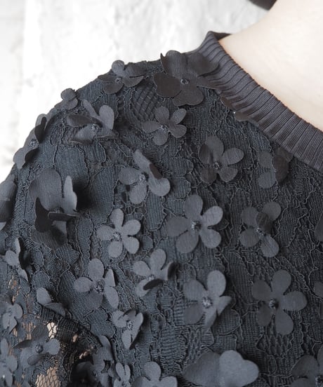 Lace×3D Flower Short Sleeve Tops BK