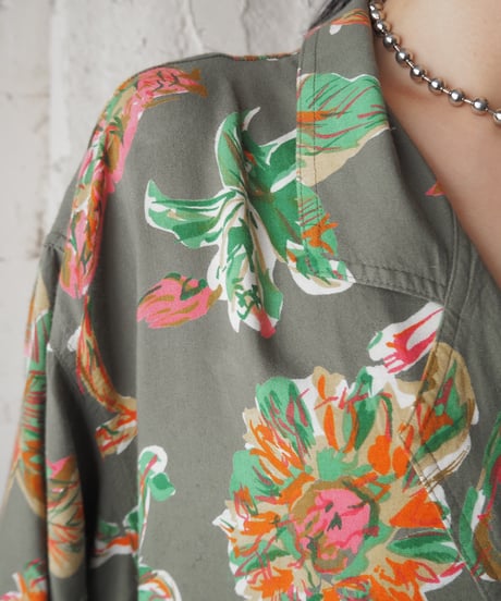 Open Collar Botanical S/S Pattern Dress KAGNPI