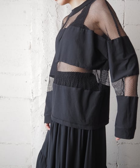 Mesh Switching Long Sleeve Tops BK