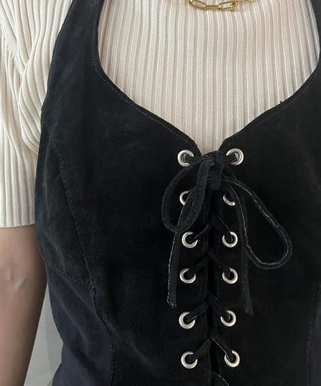 Front Lace Up Suede Vest BK